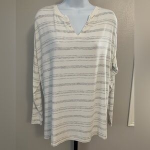 CAbi White and Heather Gray Striped V-Neck Long Sleeve Top